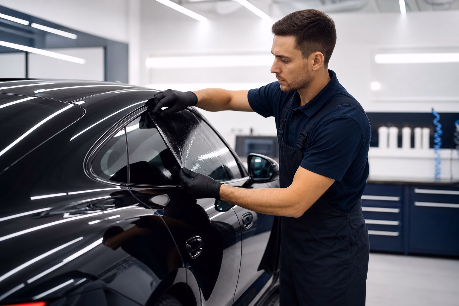 Technician applying window tint to a vehicle in the workshop